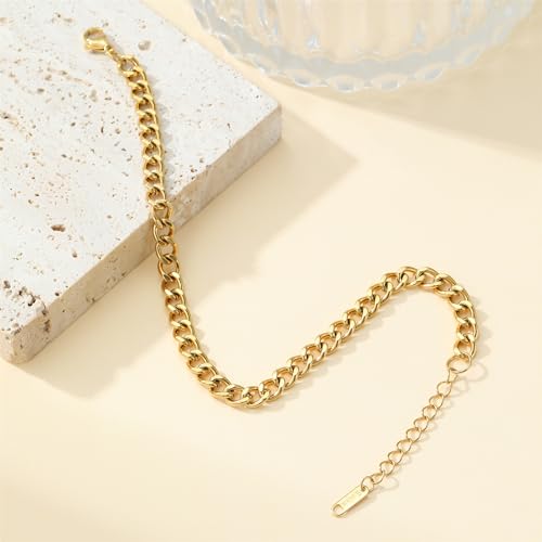 Dainty Ankle Bracelets for Women 18K Gold Plated Waterproof | Satellite Beaded Herringbone Lip Chain Anklets Simple Minimalist Summer Beach Foot Jewelry, Gift Box Included - color: Cuban-Gold