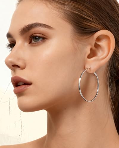 EXGOX 5mm Wide Gold Hoop Earrings for Women,Sterling Silver Hoop Earrings Large Silver Hoop Earrings Hypoallergenic Lightweight 14K Real Gold Plated Big Hoop Earrings for Women 30/40/50/60/70mm - color: 3MM-Sliver Hoop-50mm