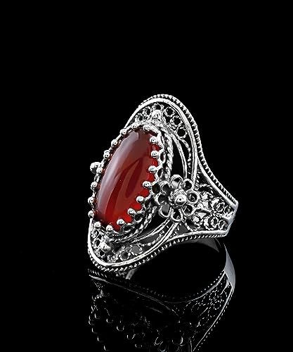 Filigranist 925 Sterling Silver Handcrafted Filigree Art Flower Pattern Woman Oval Statement Ring, Gift Boxed - color: Carnelian