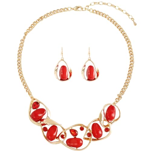 Chunky Statement Jewelry Set Blue Ocean Seashell Choker Necklaces Earrings Set for Women Pearl Bib Collar Necklaces for Party Prom Pageant Summer Fashion Jewelry Unique Birthday Gift - style: Geometric connection JS gold red