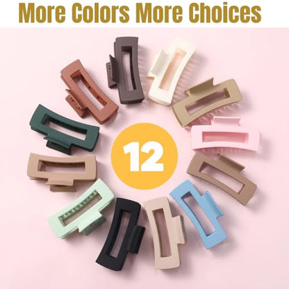 12 Pcs Neutral Square Hair Claw Clips – 4.3" Matte Finish Rectangle Claws for Women Thick & Thin Hair, Everyday Bulk Hair Accessories Set - color: Neutrals