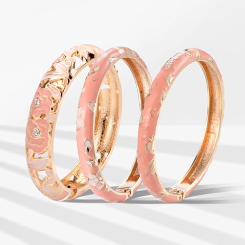 UJOY Womens Multi-Colors Cloisonne Bracelet Plated Flower Hollowed Enameled Hinged Cuff Bangles Jewelry Gift 88A10 - color: Pink-3 Pcs Set-A06