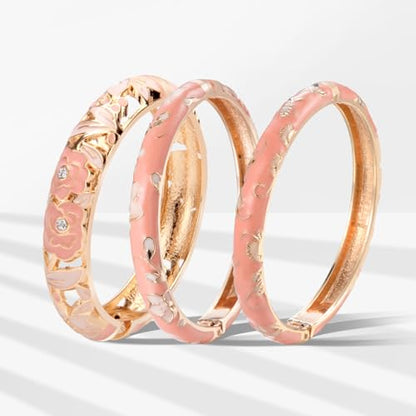 UJOY Womens Multi-Colors Cloisonne Bracelet Plated Flower Hollowed Enameled Hinged Cuff Bangles Jewelry Gift 88A10 - color: Pink-3 Pcs Set-A06