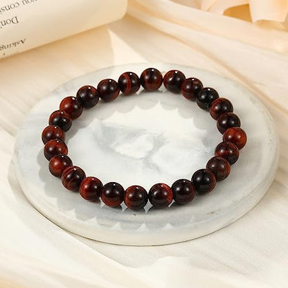 M MOOHAM Mens Bracelet - Beaded Natural Stone 8mm Tiger Eye Matte Agate Lava Rock Bracelets for Men Teen Boys Grandpa Dad Birthday Gifts Jewelry - style: Red Tiger Eye Bracelet
