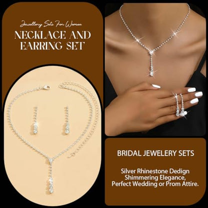 Bride Silver Bridal Necklace Earrings Set Crystal Wedding Jewelry Set Rhinestone Choker Necklace for Women and Brides - color: Silver