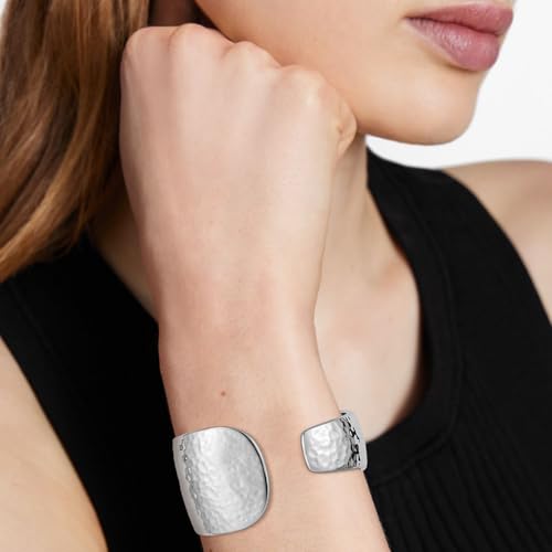 AsAlways 14K Gold Plated Hammered Cuff Bracelet for Women Wide Textured Open Cuff Bangle Statement Gold Chunky Bracelet Jewelry Gift - color: 02 Silver