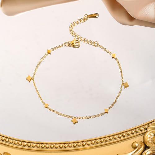 Dainty Gold Anklets for Women Stainless Steel Simple Ankle Bracelets Summer Beach Foot Chain Jewelry Gift - color: Rhombus