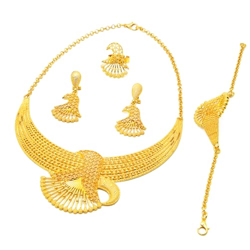 indian Women Jewelry Necklace Set african Dubai Bride Wedding Prom Fashion Jewelry 24K Gold Plated Necklace Bangles Rings Earrings - color: S-347