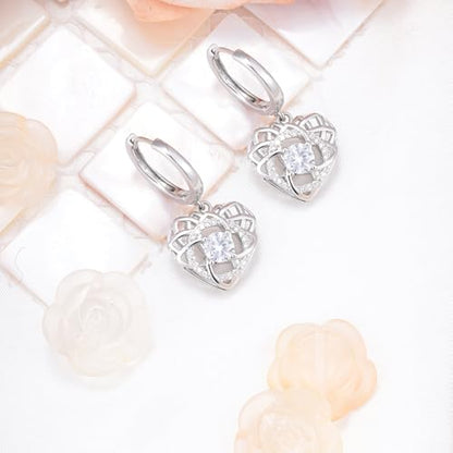 Sterling Silver Dangle Hoop Earrings Charms CZ Love Knot with Heart Shap Hypoallergenic White Gold Plated Fashion Jewelry Dainty Birthday Gift