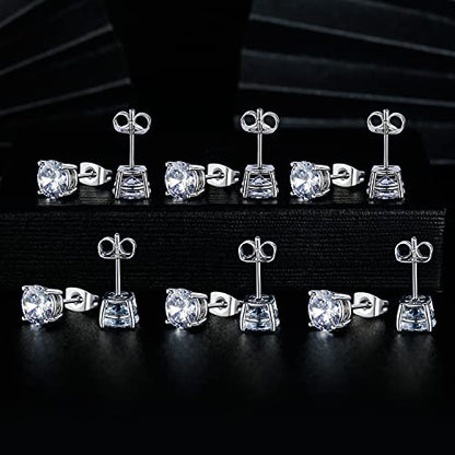 MDFUN Hypoallergenic CZ Stud Earrings Set for Women/Men,6 Pairs 18K Gold Plated Round 3-8mm Clear Cubic Zirconia Earring Pack Jewelry Gift - color: White gold-3mm-6 pairs