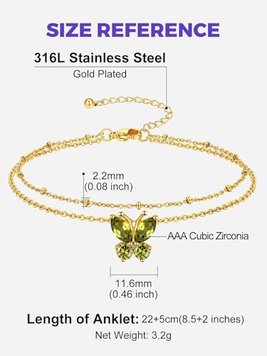 Richsteel Double Layer Heart/Butterfly Birthstone Anklet for Women | Non Tarnish Waterproof, Silver/Gold/Black Stainless Steel 8.5-10.5 Inch Adjustable Chain Anklets Summer Beach Foot Jewelry - color: Gold Butterfly-08 Aug.(Peridot)