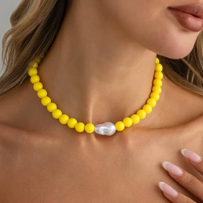 Colorful Faux Baroque Pearl Resin Beaded Choker Necklace Summer Tropical Jewelry for Women - color: Yellow
