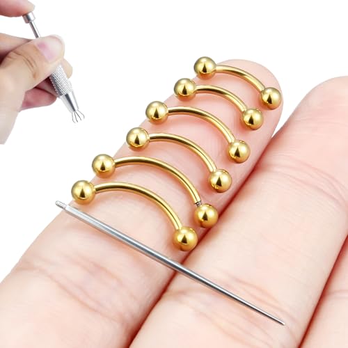 Internally Threaded Eyebrow Piercing Jewelry Surgical Steel Tiny Eyebrow Rings Vertical Labret Lip Jewelry Small Ear Rook Earring for Women Men 18g 16g 14g Plus Piercing Ball Grabber Tool - color: goldtone, size: 18g,ball end
