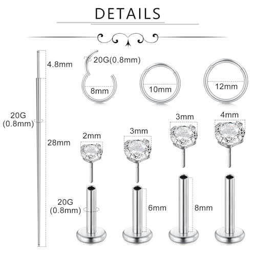 Incaton 18G Threadless Flat Back Stud Earrings For Women Men, 316L Surgical Steel Hypoallergenic Push in Nose Studs CZ Nose Nostril Tragus Helix Labret Studs Lip Rings Piercing Jewelry - color: 3 HOOP + 4 STUD SILVER