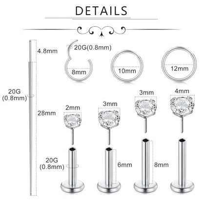 Incaton 18G Threadless Flat Back Stud Earrings For Women Men, 316L Surgical Steel Hypoallergenic Push in Nose Studs CZ Nose Nostril Tragus Helix Labret Studs Lip Rings Piercing Jewelry - color: 3 HOOP + 4 STUD SILVER