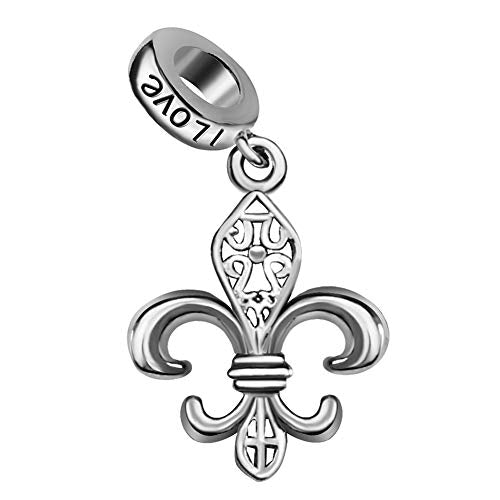 Fleur De Lis Flower Charm Dangle Birthstone Womens Beads Charm for Bracelets Father Daughter Mother Son Wife Jewelry - color: Silver Plated