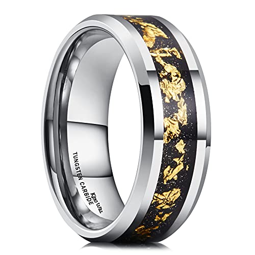 King Will Mens Wedding Band with Foils Inlay, Black/Silver/Gold Beveled Edge Glowstone Ring, 6mm/8mm Tungsten Carbide Rings Comfort Fit - color: Silver&Gold-8mm