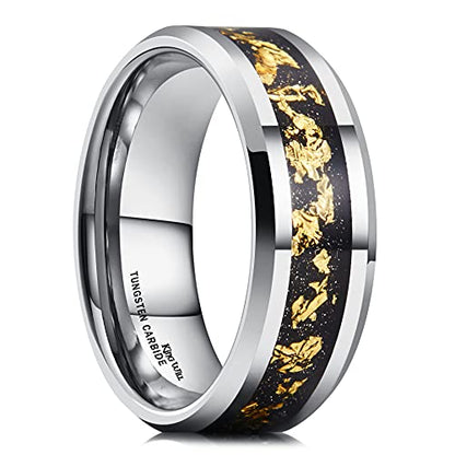King Will Mens Wedding Band with Foils Inlay, Black/Silver/Gold Beveled Edge Glowstone Ring, 6mm/8mm Tungsten Carbide Rings Comfort Fit - color: Silver&Gold-8mm