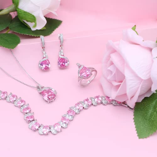 GZWHD Jewelry Set for Women Water Drop Cubic Zirconia Artificial Crystal Earrings Pendant Necklace Open Ring Tennis Bracelet Wedding Anniversary Birthday Engagement Gift for Bridesmaid Wife Girlfriend Friend - color: Pink
