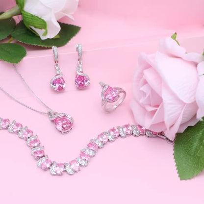 GZWHD Jewelry Set for Women Water Drop Cubic Zirconia Artificial Crystal Earrings Pendant Necklace Open Ring Tennis Bracelet Wedding Anniversary Birthday Engagement Gift for Bridesmaid Wife Girlfriend Friend - color: Pink