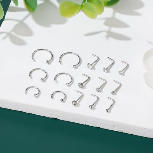 Gotumo 20G Nose Rings Titanium Nose Studs Cubic Zirconia Straight Nose Piercing Jewelry Hypoallergenic Nose Rings Studs for Women Men 6pcs set Silver - color: Silver, size: 20G L Shaped 15pcs