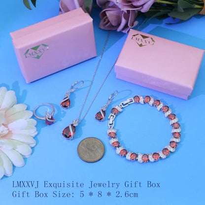 LMXXVJ Jewelry Set for Women,Teardrop Cubic Zirconia Necklace Earrings Adjustable Ring Bracelet Jewelry Set Formal Jewelry Gift - color: SYSD-White Gold-Garnet Red