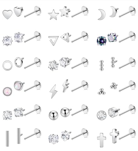 18Pairs 18G Titanium Stainless Steel Stud Earrings Set for Women Men Hypoallergenic Flat Back Cartilage Earring CZ Moon Star Heart Ball Helix Tragus Lobe Stud 6MM 8MM - color: Sliver