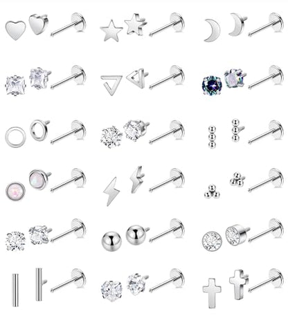 18Pairs 18G Titanium Stainless Steel Stud Earrings Set for Women Men Hypoallergenic Flat Back Cartilage Earring CZ Moon Star Heart Ball Helix Tragus Lobe Stud 6MM 8MM - color: Sliver