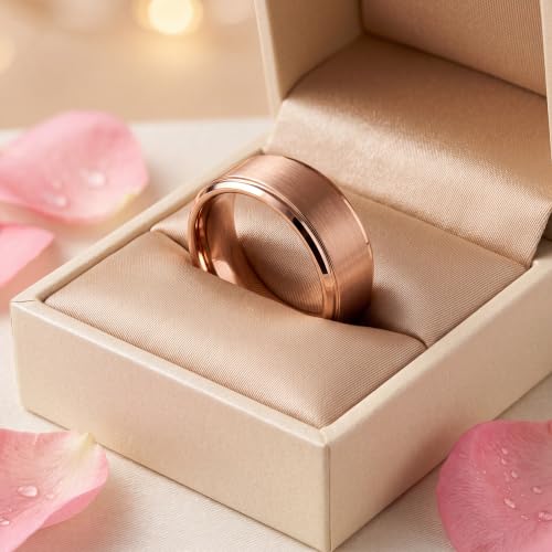 Tungsten Wedding Band Ring Black 10mm Men Women Comfort Fit 18k Rose Gold Step Edge Brushed Polished - color: Rose Gold Tungsten