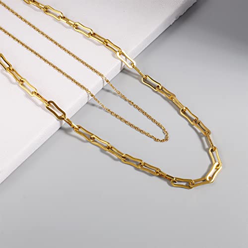 Elegance 11 designs Gold/Silver Stainless Steel Layered Set Necklace Square Linear Paperclip Figaro Chain Flat Chain Thick Short Metal Men's Women's Pop Necklace - color: Gold 2 Layers
