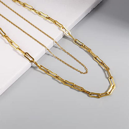 Elegance 11 designs Gold/Silver Stainless Steel Layered Set Necklace Square Linear Paperclip Figaro Chain Flat Chain Thick Short Metal Men's Women's Pop Necklace - color: Gold 2 Layers