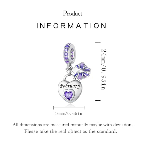 925 Sterling Silver Birthstone Bracelet Charm - Unique Heart Shaped Design, Fits most Europe Pandora Bracelets and Necklaces, women's DIY holiday Gifts - style: B-February