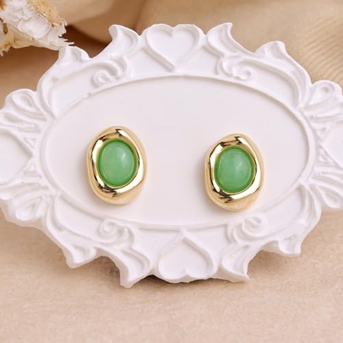 Jean Beau Chunky Gold Stone Stud Earrings for Women, Trendy Natural Gemstone Hypoallergenic Earing Valentine Jewelry Gift - color: Peridot Green