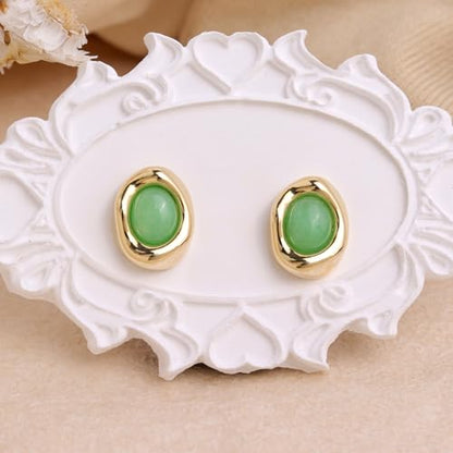Jean Beau Chunky Gold Stone Stud Earrings for Women, Trendy Natural Gemstone Hypoallergenic Earing Valentine Jewelry Gift - color: Peridot Green