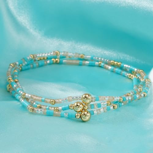 Small Seed Beaded Stack Bracelets Set for Women,Boho Handmade 3Pcs Colorful Glass Gold Stretch Accessories Jewelry, Summer Beach Wear Holiday Friendship Gift - color: Green