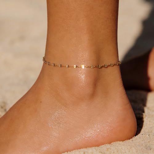 Gold Ankle for Women 18K Gold Plated Tennis Sapphire Paperclip Pearl Sequin Droplet Lip Link Chain Large Anklet Bracelets Simple Beach Summer Waterproof Foot Jewelry - color: Lip Chain-Gold