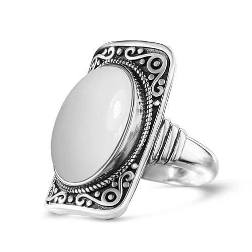 Big Natural Stone Ring,Rectangle Retro Antique Vintage Sterling Silver Genuine Crystal Quartz Gemstone Statement Wide Chunky Boho Bohemian Full Finger Ring for Women - color: A02_White Quartz