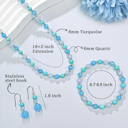 Beaded Necklaces for Women 3Pcs Colorful Boho Gemstone Bead Choker Summer Natural Stone Surfer Beach Bead Necklace Bracelets Earring Set Handmade Jewelry for Women Gift Jewelry Sets - color: Blue