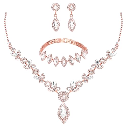 Bridal Jewelry Set for Wedding Prom Jewelry Set for Women Sparkly Rhinestone Necklace Earrings Bracelet Sets for Bride Bridesmaid Quinceanera Costume Accessories - style: F