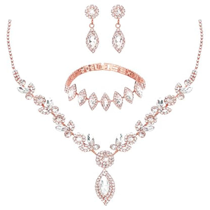 Bridal Jewelry Set for Wedding Prom Jewelry Set for Women Sparkly Rhinestone Necklace Earrings Bracelet Sets for Bride Bridesmaid Quinceanera Costume Accessories - style: F