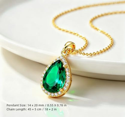 VONSSY Classic Oval Pendant Gemstone Necklace | Crystal Ruby Sapphire Waterdrop Birthstone Teardrop Emerald Necklace | 18K Platinum Gold Plated Chain | Jewelry Gift for Mother Wife Girlfriend - color: NL-Green-Gold