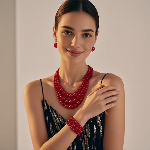 KOSMOS-LI Women's 3 Layer Simulated Pearl Statement 18" Necklace Bracelet and Earrings Jewelry Set Stocking Stuffers - color: Black