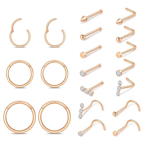 Surgical Steel Nose Ring 16G 18G L Shape Nose Studs Body Piercing for Women - color: D-Rose Gold