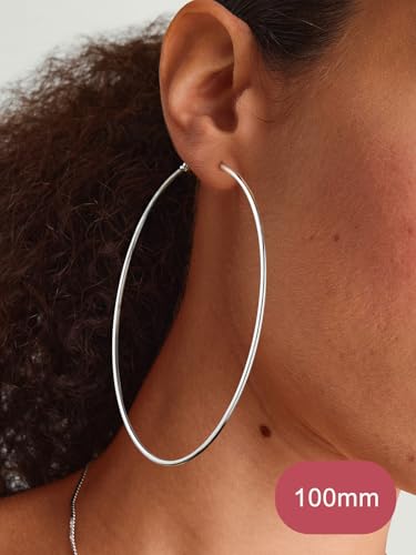 FOCALOOK 14K Gold Plated Lightweight Large Hoops| 2mm Thin Hoop Earrings for Women 30/40/50/70/100mm - color: 01.Silver, size: 100mm