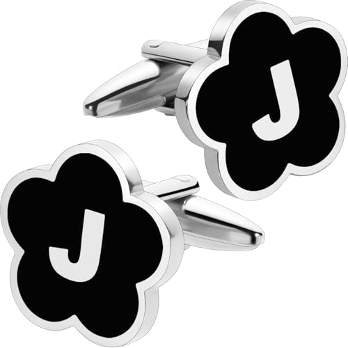 Initial Cufflinks for Men, Black Silver Letter Personalized Shirts CuffLinks,Stainless Steel Cuff Links,Gifts for Wedding Party Business Valentine - style: Letter J