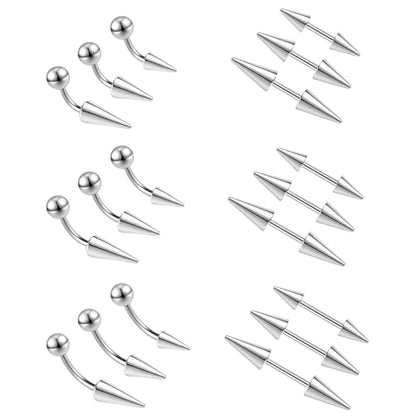 ZS 18Pcs Spike Eyebrow Piercing Jewelry, 16G Curved Barbell Vertical Labret Lip Rings, Spike Tragus Helix Earrings Rook Nose Bridge Rings for Women Men - color: A:Sliver,straight+curved barbell