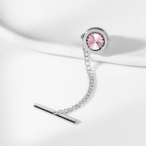 HAWSON Mens Tie Tack with Chain Round Crystal Wedding Business Accessories - color: Silver + Light Rose