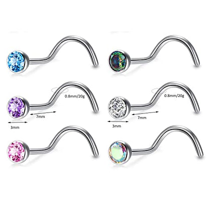 BelezaDosas 6pcs G23 Titanium Nose Studs 18G 20G Screw Nose Ring Press Fit 2mm 2.5mm 3mm Piercing Jewelry for Sensitive Skin - style: 18G 3.0mm CZ 6PCS