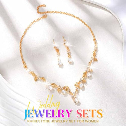 Gold Rhinestone Jewelry Set Bridal Wedding Necklace Earrings Sets Prom Formal Costume Jewelry for Women and Brides - color: Gold