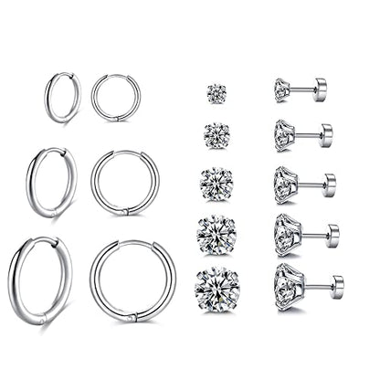 Surgical Stainless Steel Stud Earrings Hoop Earrings for Women Men 14K Gold Plated Hypoallergenic Cartilage Earrings Flat Back CZ Earrings Set Dainty Multiple Piercing Pack of 8 Pairs - color: Flat back (Silver)